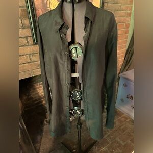 Silk cotton Black Button-Up Shirt fine sheer M/L